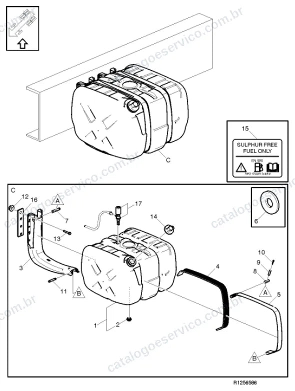 Vista explodida – motor com suporte ou coxim e equipamento – Catálogo de Peças Volvo FM13A64R (FM4)