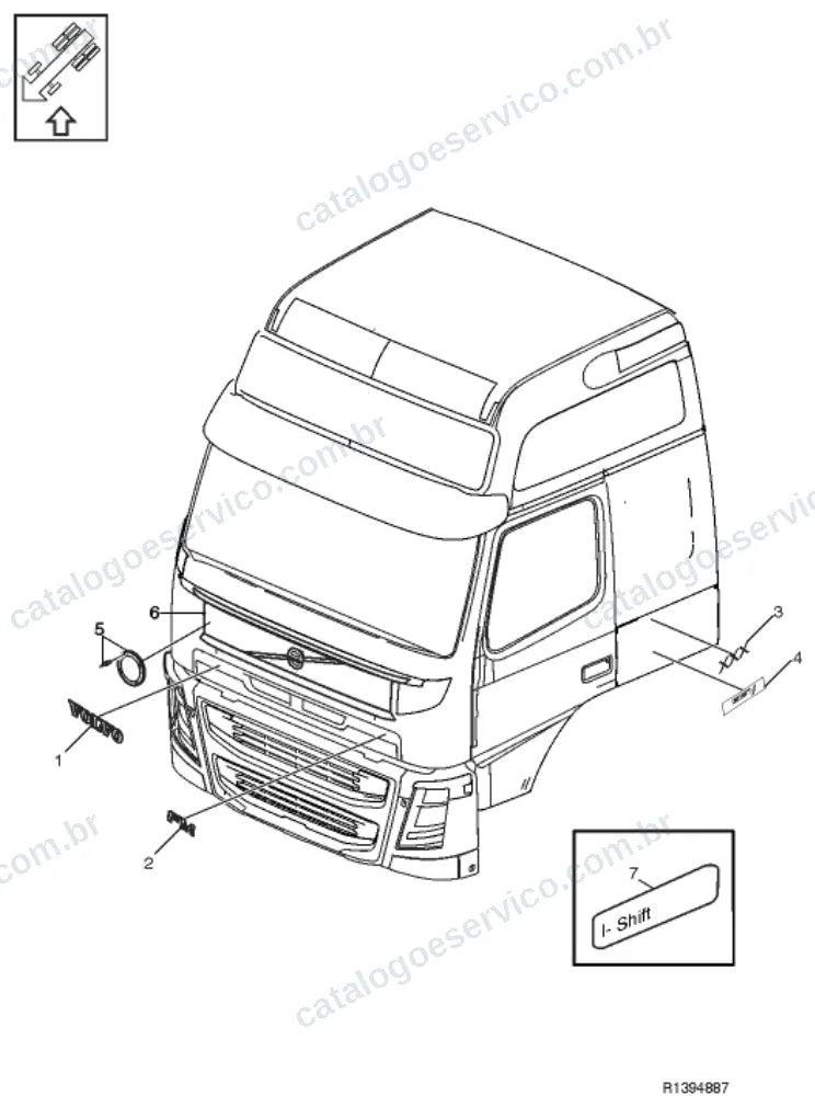 Vista explodida – carroceria, cabina e interior – Catálogo de Peças Volvo FM13A64R (FM4)