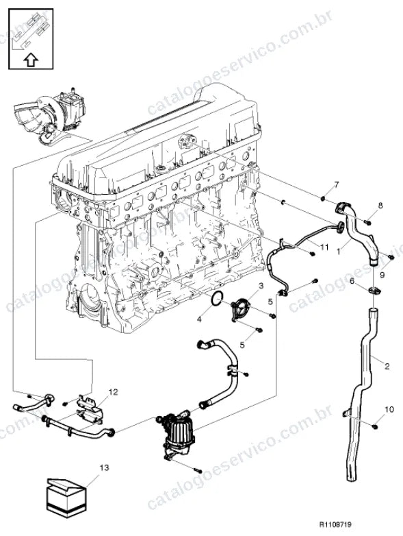 Vista explodida – motor com suporte ou coxim e equipamento – Catálogo de Peças Volvo FM4 370