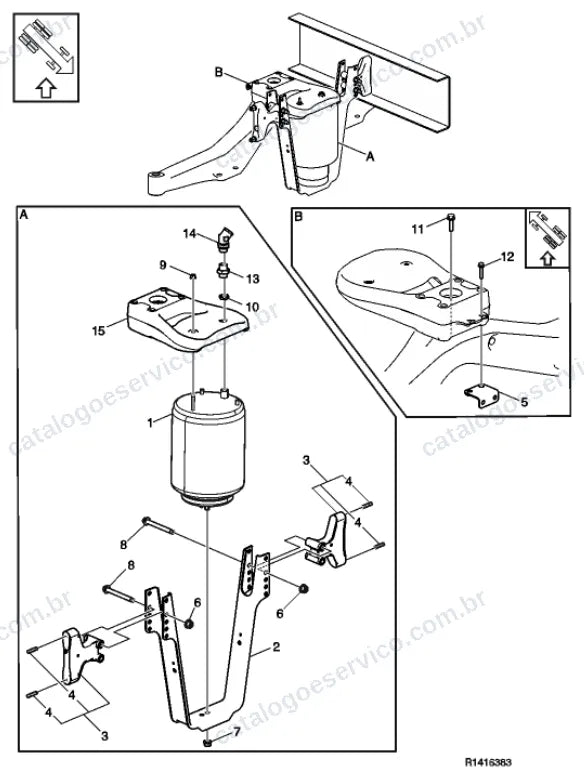 Vista explodida – suspensão das rodas e direção – Catálogo de Peças Volvo FM4 430