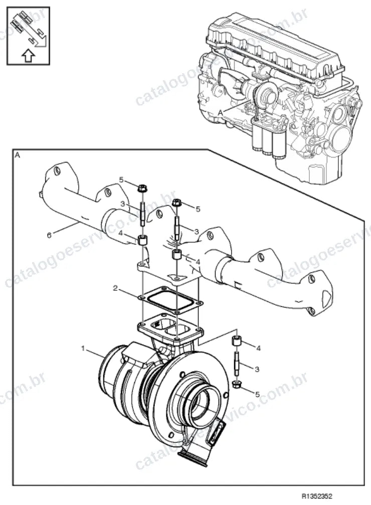 Vista explodida – motor com suporte ou coxim e equipamento – Catálogo de Peças Volvo FM4 440