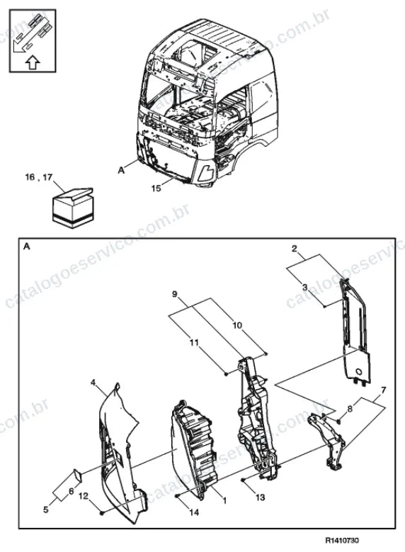 Vista explodida – sistema elétrico, iluminação e instrumentos – Catálogo de Peças Volvo FM4 460