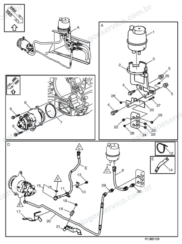 Vista explodida – suspensão das rodas e direção – Catálogo de Peças Volvo FM4 520