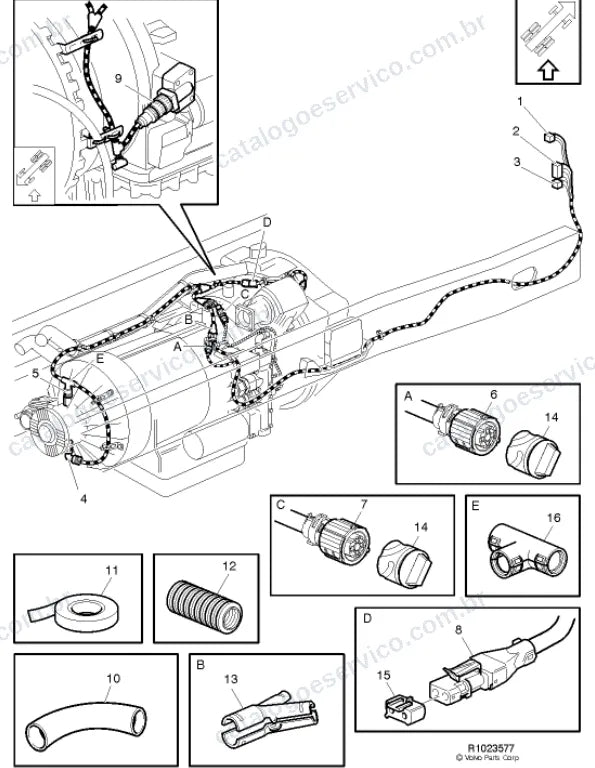 Vista explodida – sistema elétrico, iluminação e instrumentos – Catálogo de Peças Volvo FM9 84R
