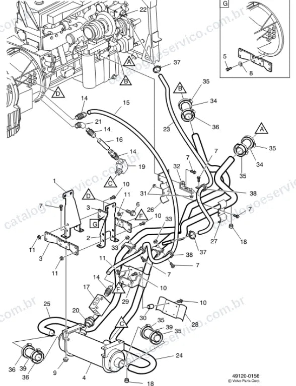 Vista explodida – motor com suporte ou coxim e equipamento – Catálogo de Peças Volvo FM