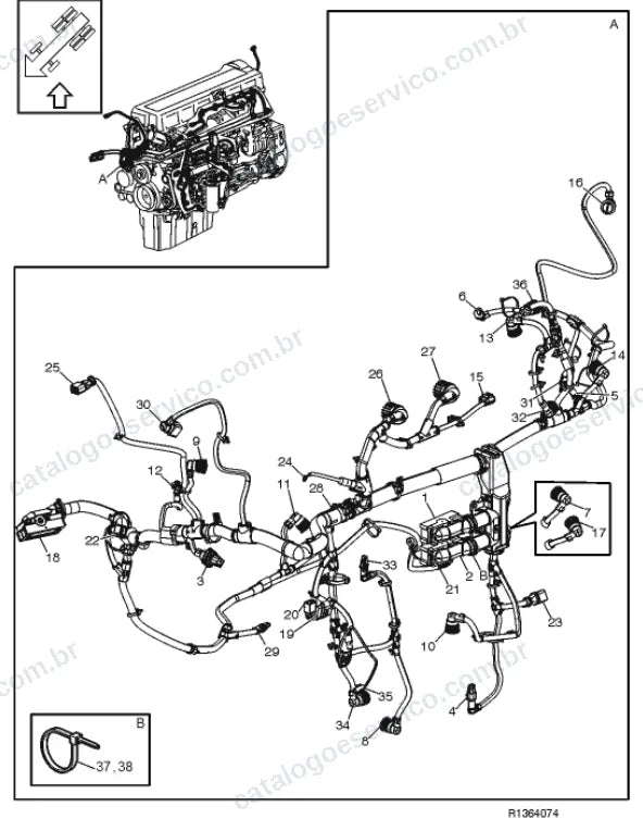 Vista explodida – motor com suporte ou coxim e equipamento – Catálogo de Peças Volvo FML3A42R (FM4)