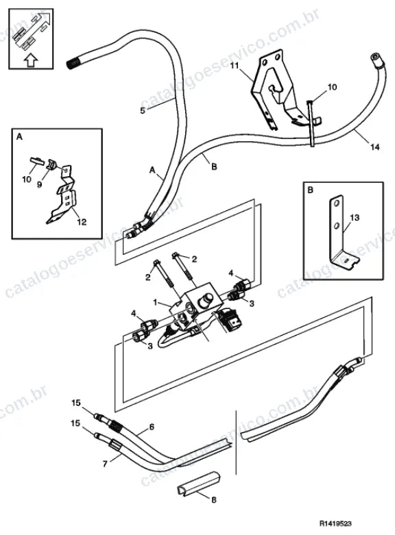 Vista explodida – motor com suporte ou coxim e equipamento – Catálogo de Peças Volvo FML3A62R (FM4)