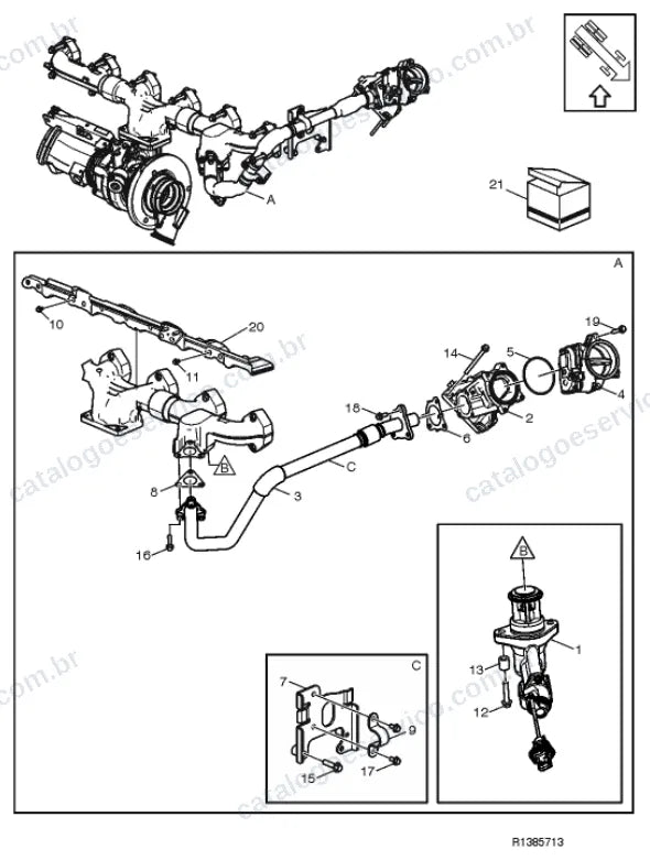 Vista explodida – motor com suporte ou coxim e equipamento – Catálogo de Peças Volvo FML3A62R (FM4)