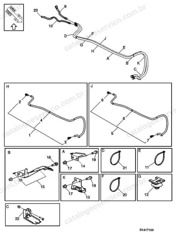 Vista explodida – motor com suporte ou coxim e equipamento – Catálogo de Peças Volvo FML3A62T (FM4)
