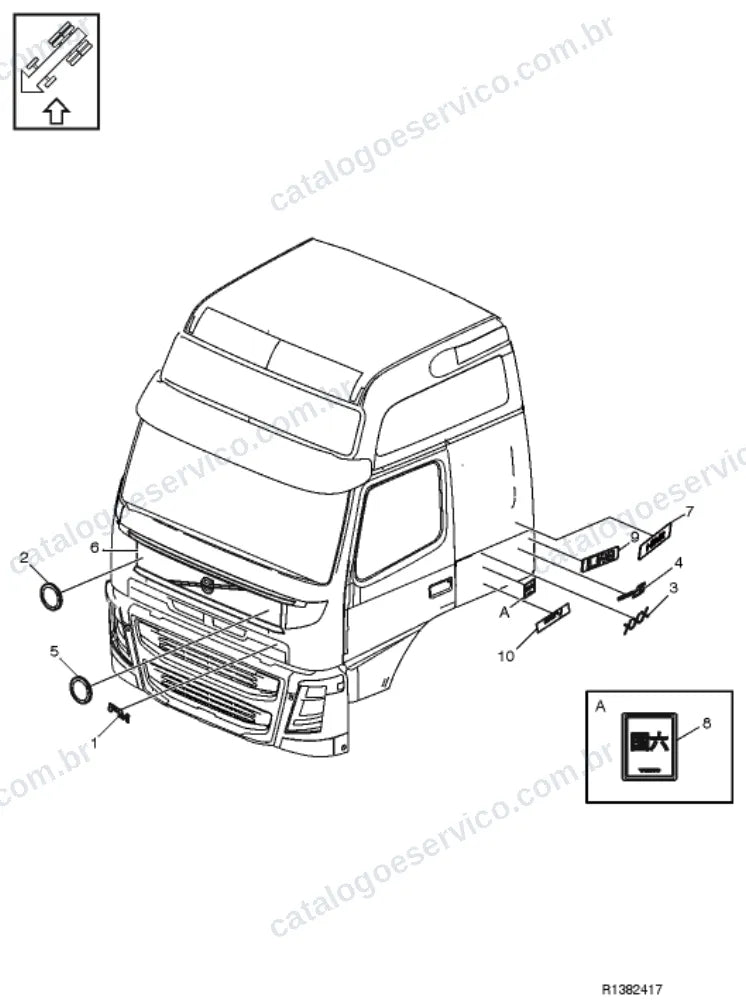 Vista explodida – carroceria, cabina e interior – Catálogo de Peças Volvo FML3B42T (FM4)