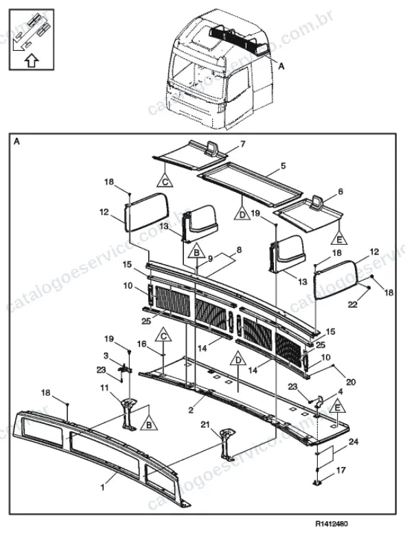 Vista explodida – carroceria, cabina e interior – Catálogo de Peças Volvo FML3B42T (FM4)