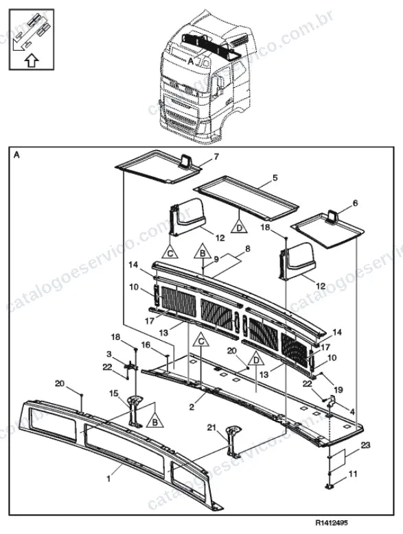 Vista explodida – carroceria, cabina e interior – Catálogo de Peças Volvo FML3B62T (FM4)