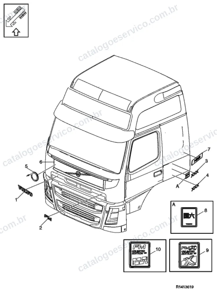 Vista explodida – carroceria, cabina e interior – Catálogo de Peças Volvo FMX1142R