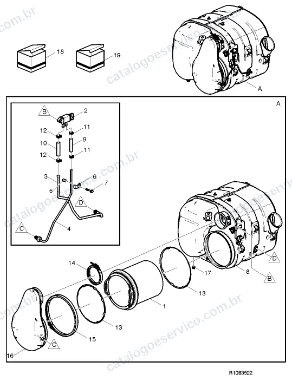 Vista explodida – motor com suporte ou coxim e equipamento – Catálogo de Peças Volvo FMX1144T