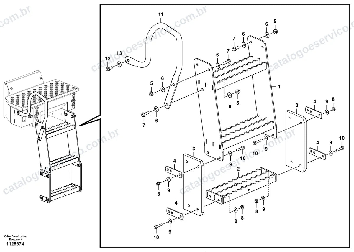 Vista explodida – cabine, carroceria e acessórios – Catálogo de Peças Volvo JL120H