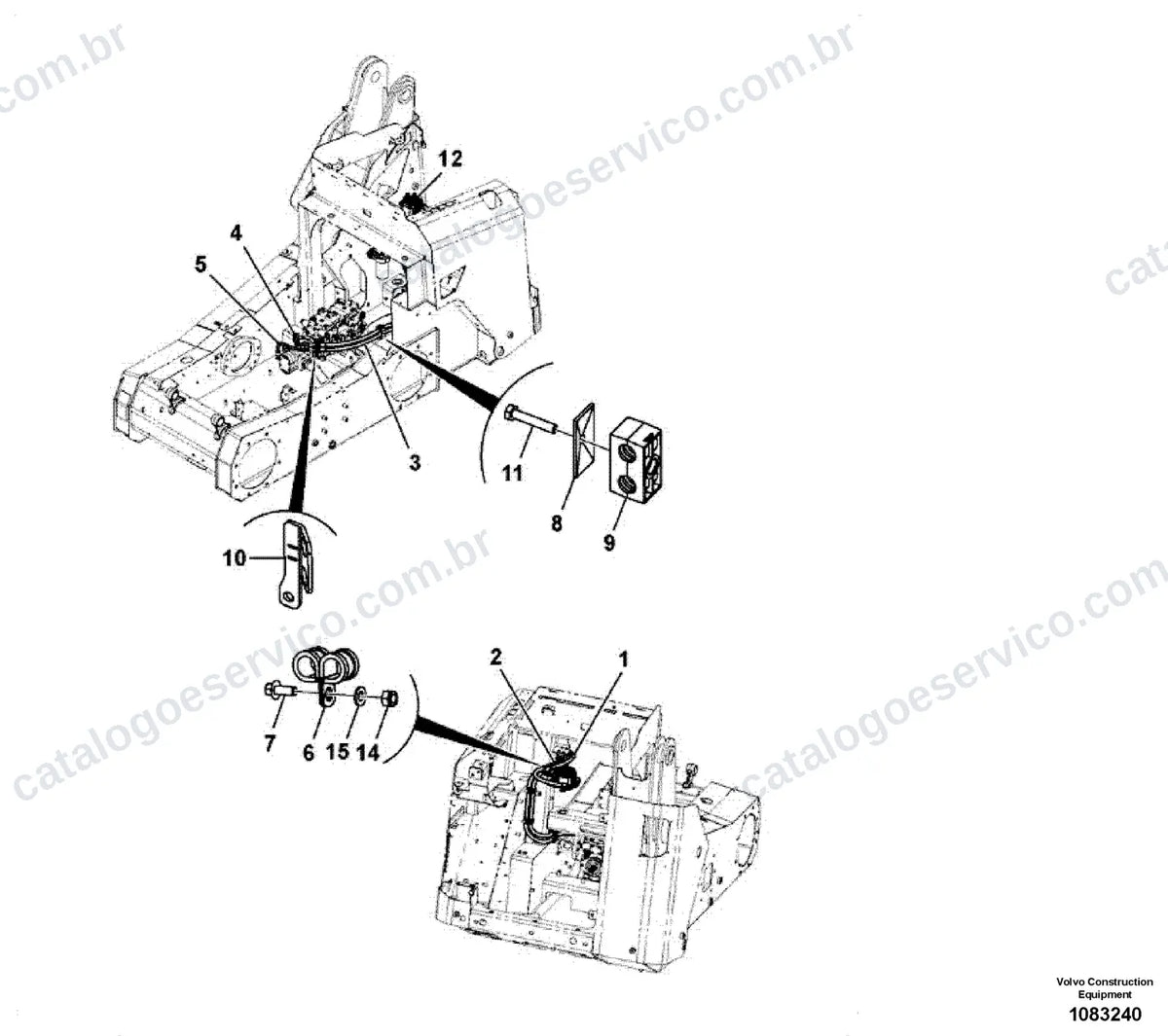 Vista explodida – sistema hidráulico e equipamento de trabalho – Catálogo de Peças Volvo MCT125D