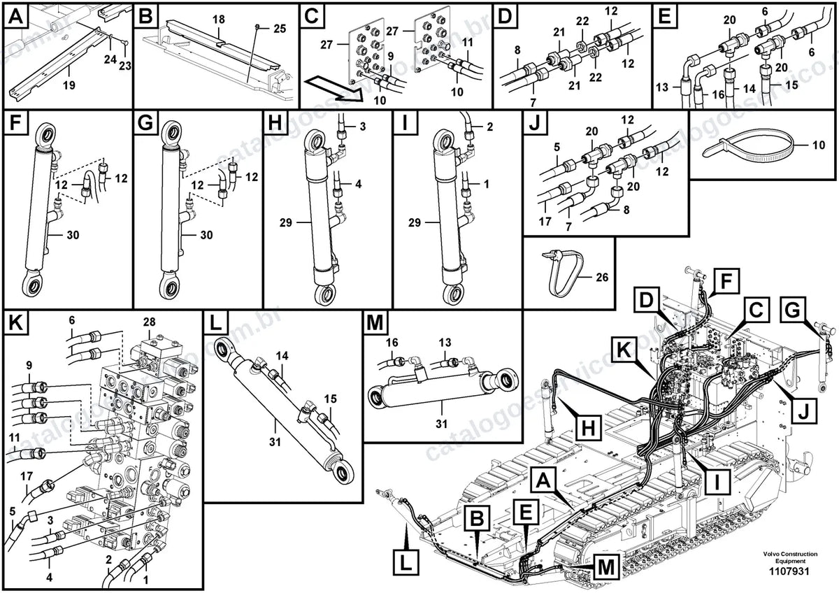 Vista explodida – sistema hidráulico e equipamento de trabalho – Catálogo de Peças Volvo P2820D