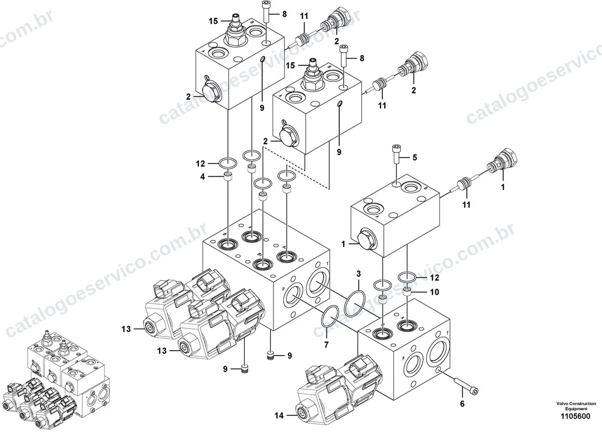 Vista explodida – sistema hidráulico e equipamento de trabalho – Catálogo de Peças Volvo P5110B