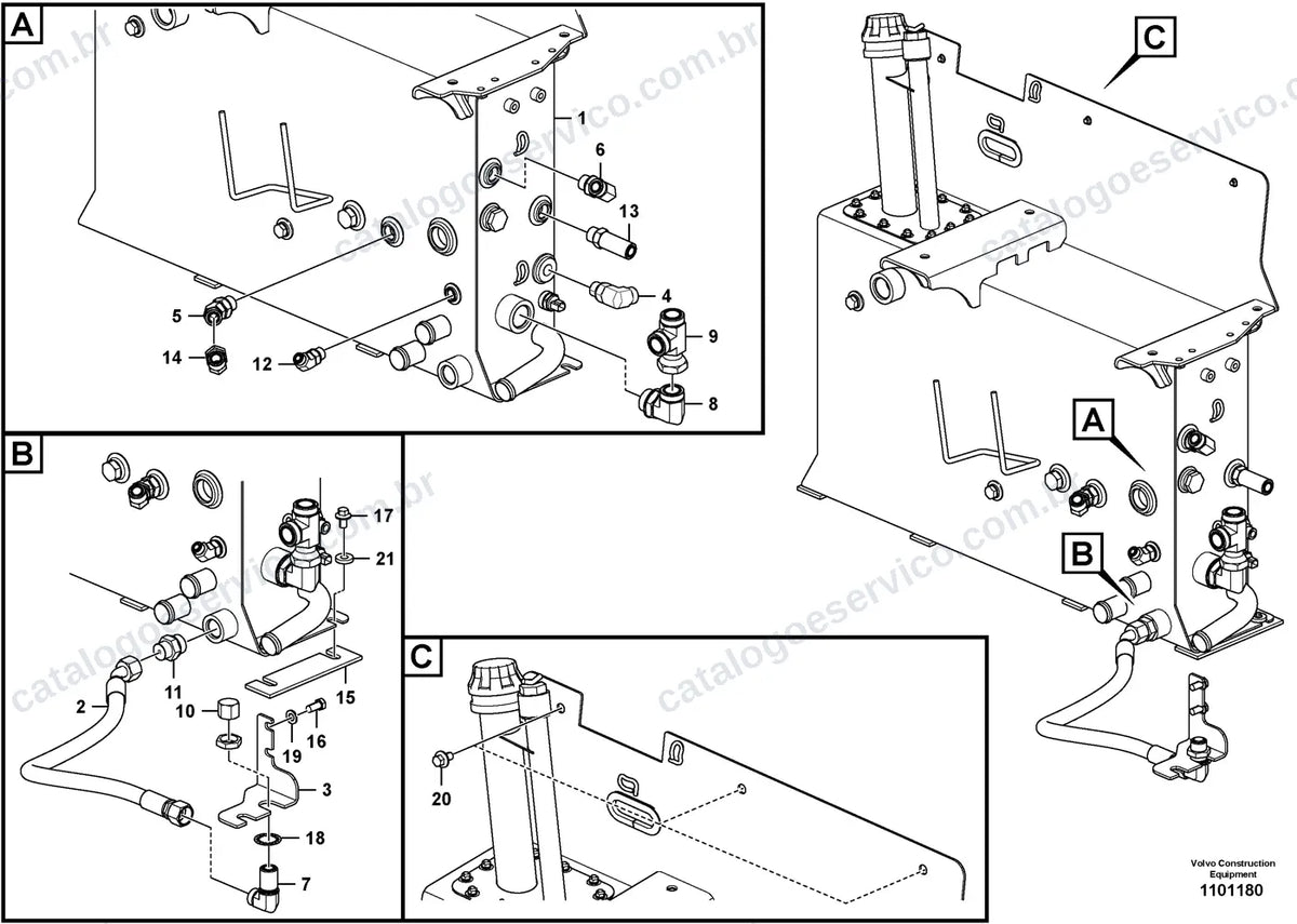 Vista explodida – sistema hidráulico e equipamento de trabalho – Catálogo de Peças Volvo P5170B