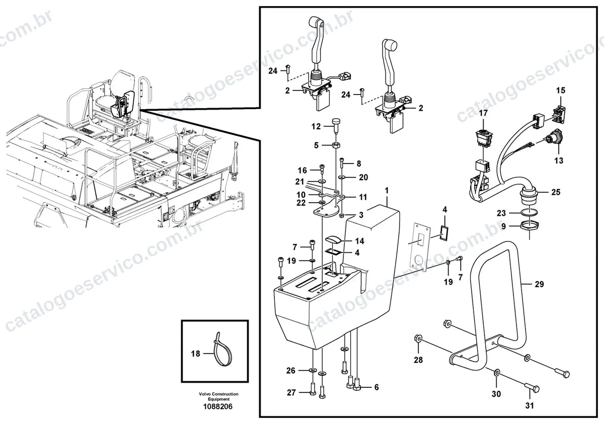 Vista explodida – cabine, carroceria e acessórios – Catálogo de Peças Volvo P7110B