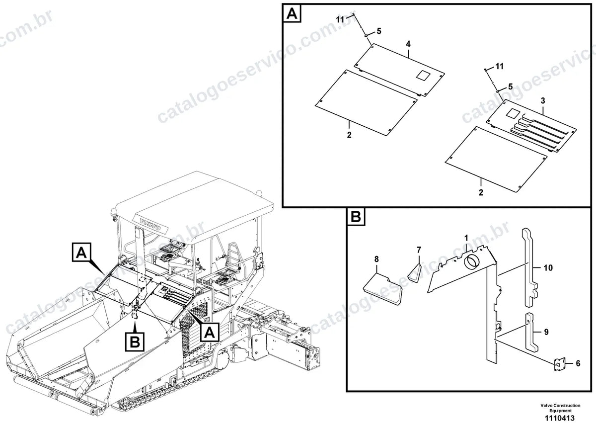 Vista explodida – cabine, carroceria e acessórios – Catálogo de Peças Volvo P7320D