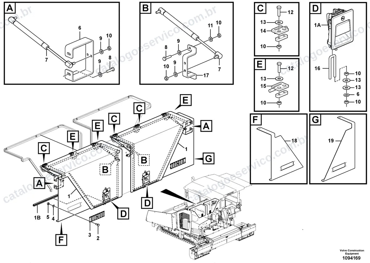Vista explodida – cabine, carroceria e acessórios – Catálogo de Peças Volvo P7920D