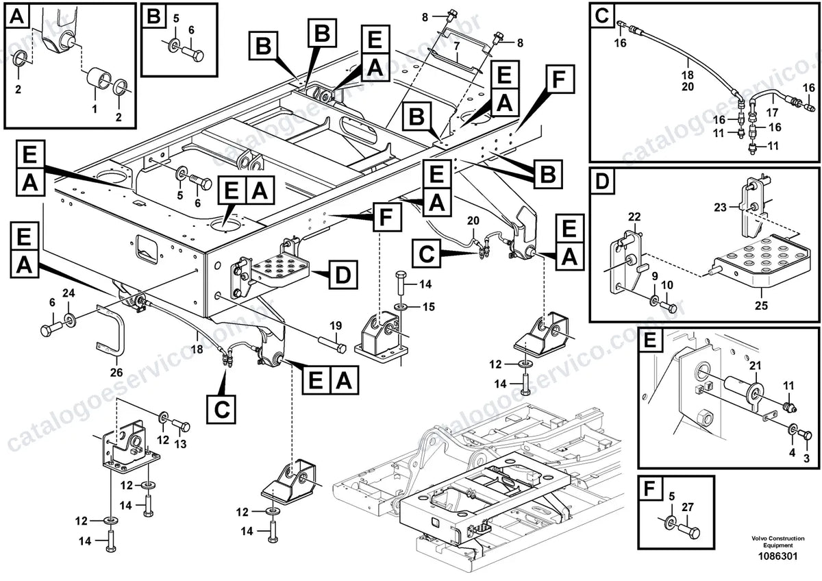 Vista explodida – cabine, carroceria e acessórios – Catálogo de Peças Volvo PL3005E