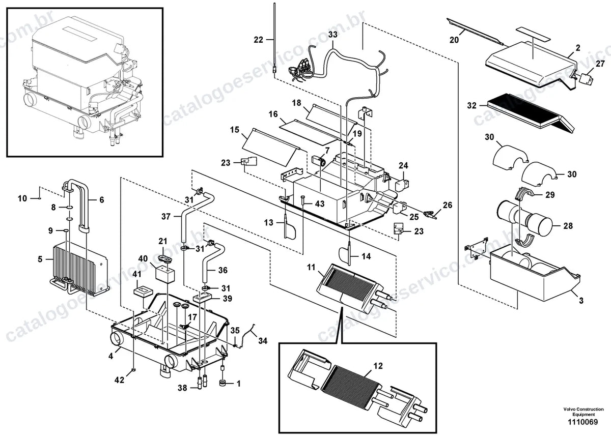 Vista explodida – cabine, carroceria e acessórios – Catálogo de Peças Volvo PL3005E