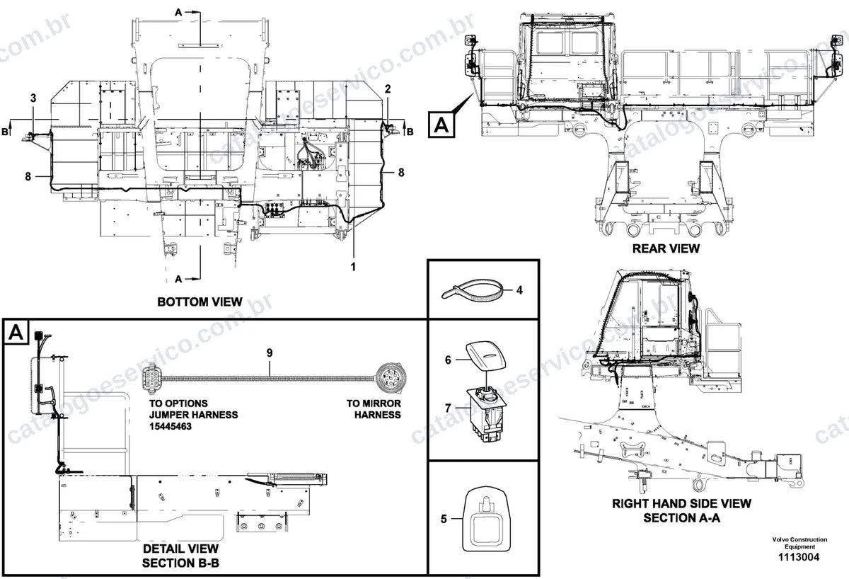 Vista explodida – cabine, carroceria e acessórios – Catálogo de Peças Volvo R100E
