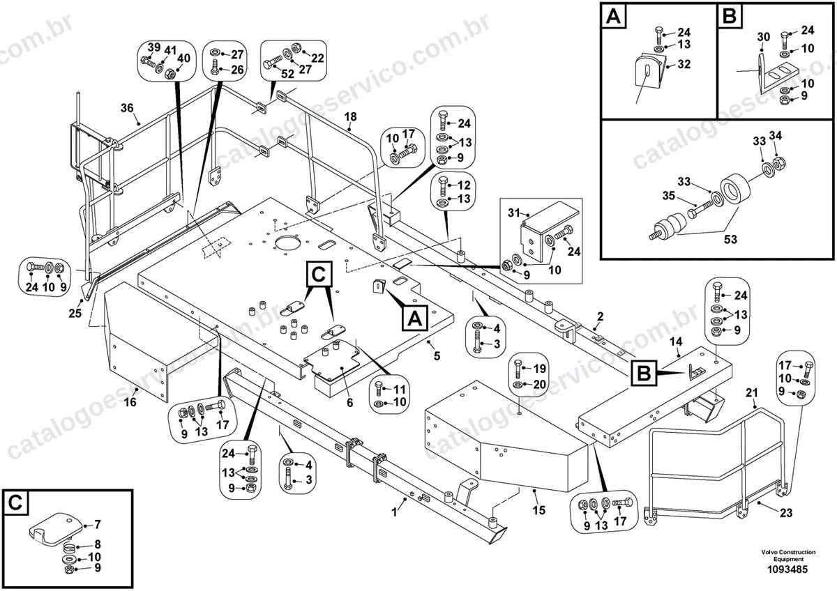 Vista explodida – cabine, carroceria e acessórios – Catálogo de Peças Volvo R70D