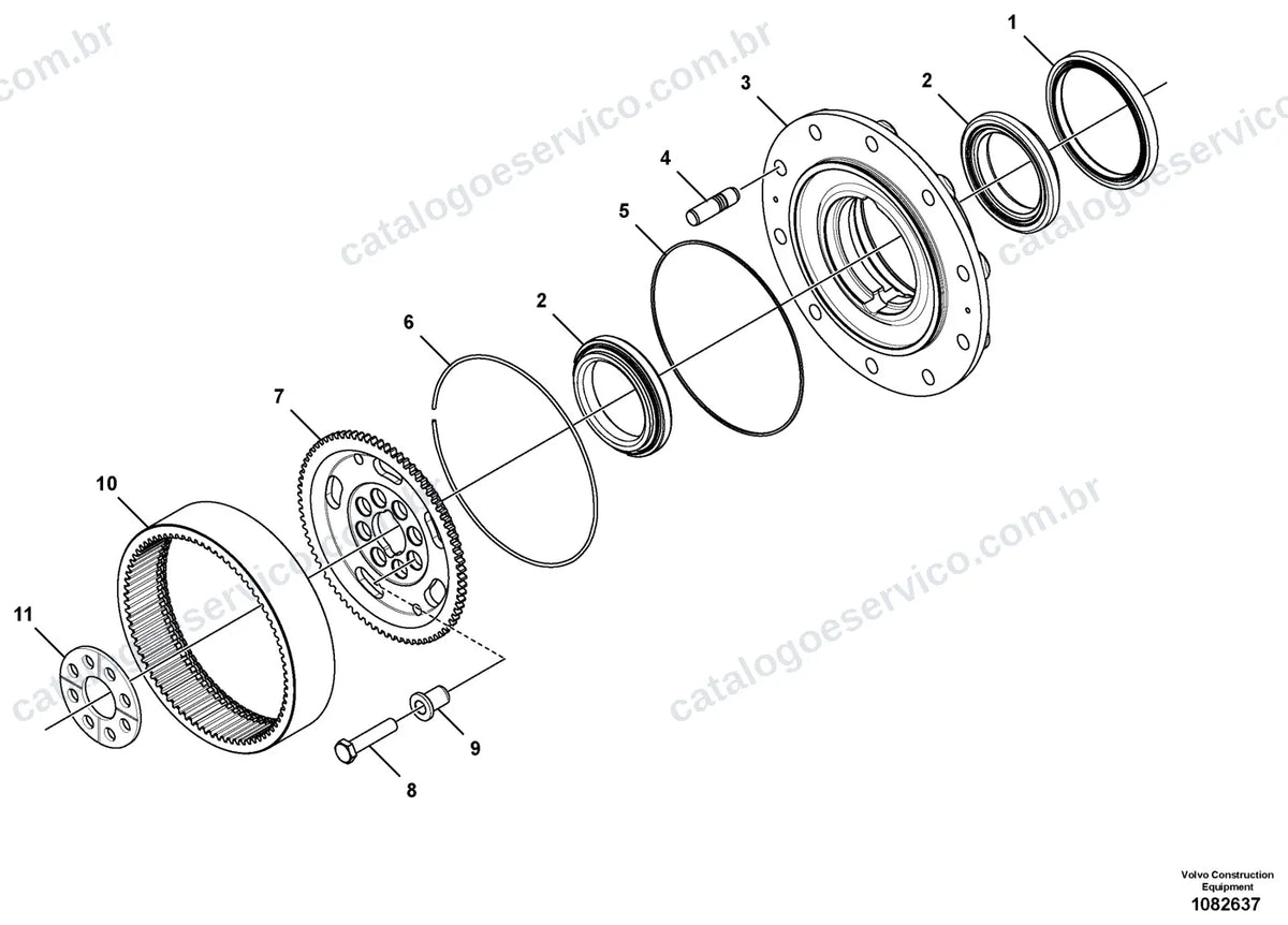 Vista explodida – transmissão de força – Catálogo de Peças Volvo SD110D
