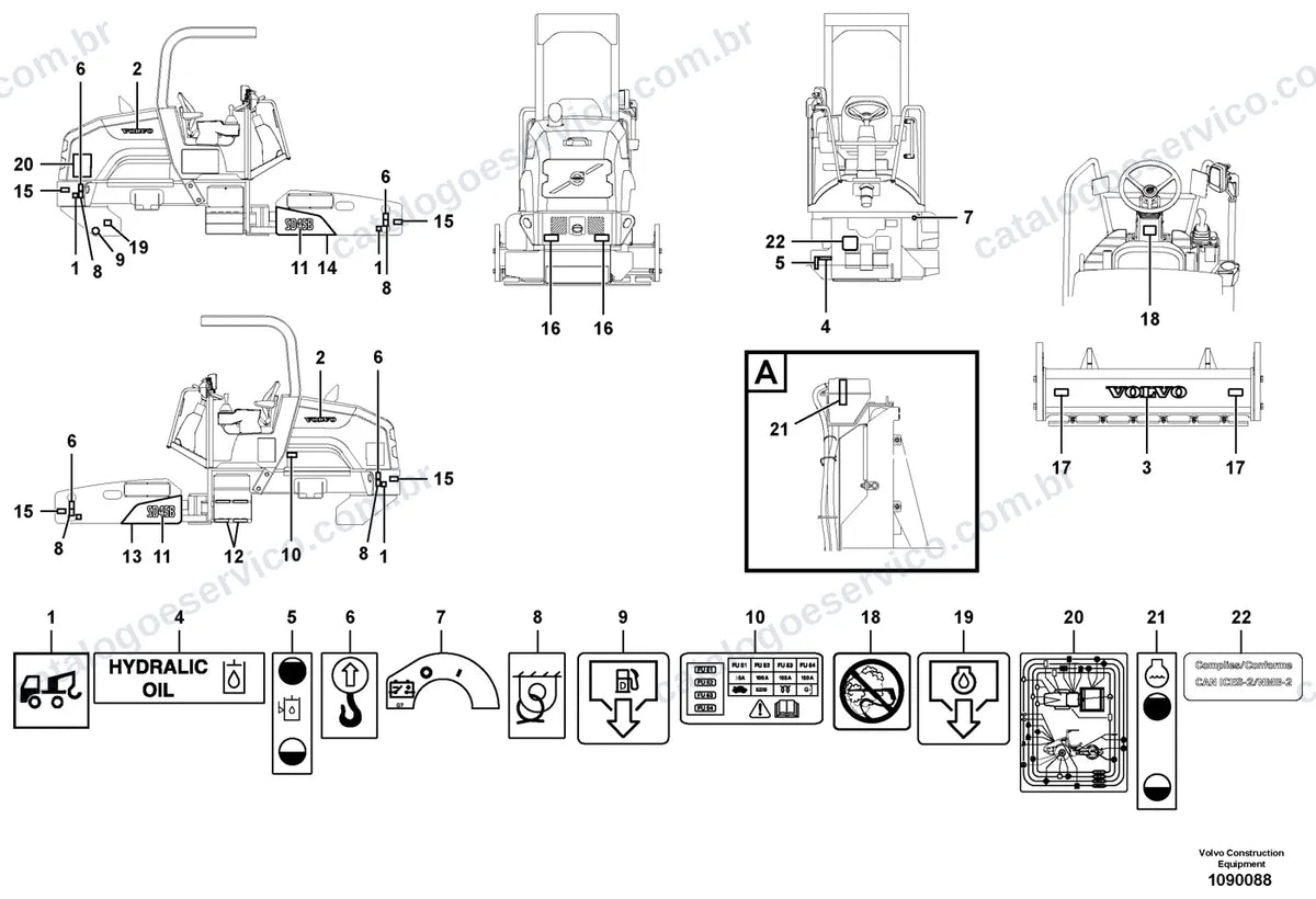 Vista explodida – cabine, carroceria e acessórios – Catálogo de Peças Volvo SD45B