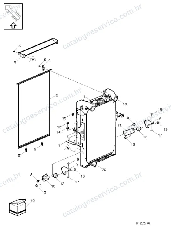 Vista explodida – motor com suporte ou coxim e equipamento – Catálogo de Peças Volvo VM 270