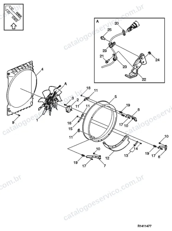 Vista explodida – motor com suporte ou coxim e equipamento – Catálogo de Peças Volvo VM 330