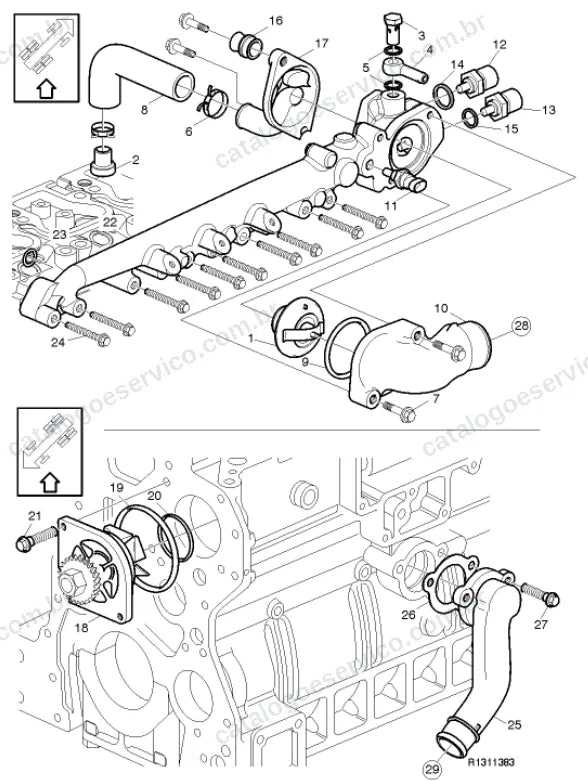 Vista explodida – motor com suporte ou coxim e equipamento – Catálogo de Peças Volvo VM17C42R