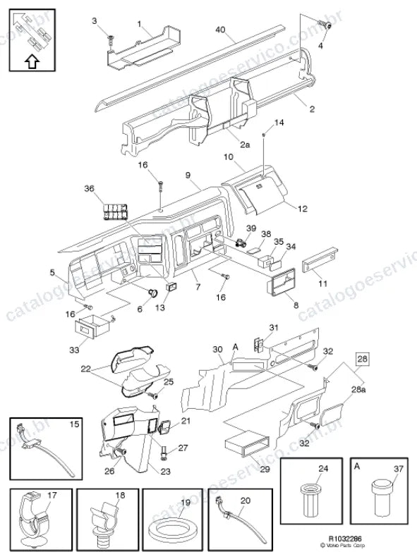 Vista explodida – carroceria, cabina e interior – Catálogo de Peças Volvo VM17D42R
