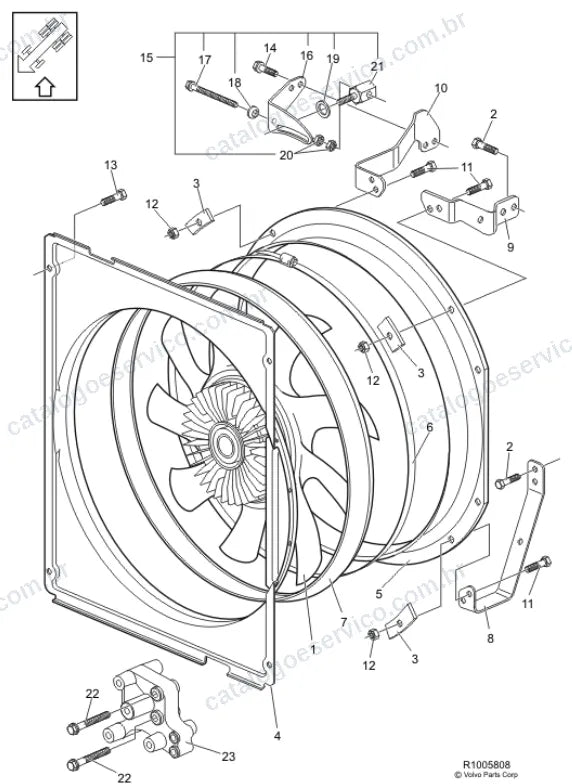 Vista explodida – motor com suporte ou coxim e equipamento – Catálogo de Peças Volvo VM23C62R