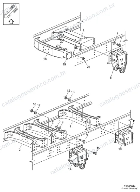 Vista explodida – quadro, molas, amortecedores e rodas – Catálogo de Peças Volvo VM23C62R