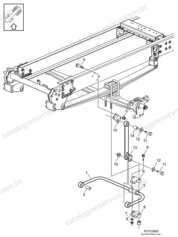 Vista explodida – quadro, molas, amortecedores e rodas – Catálogo de Peças Volvo VM23D62R