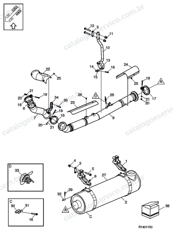 Vista explodida – motor com suporte ou coxim e equipamento – Catálogo de Peças Volvo VMD5 42R