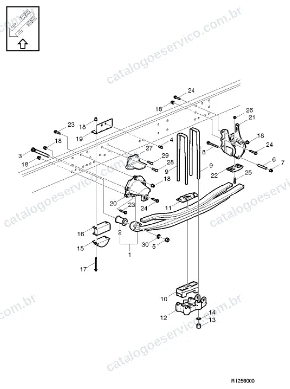 Vista explodida – quadro, molas, amortecedores e rodas – Catálogo de Peças Volvo VMD5 42R