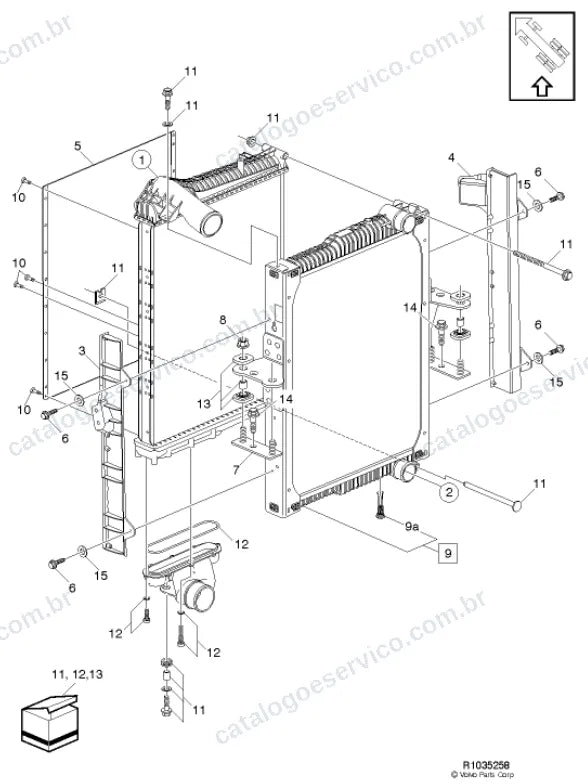 Vista explodida – motor com suporte ou coxim e equipamento – Catálogo de Peças Volvo VMD7 42R