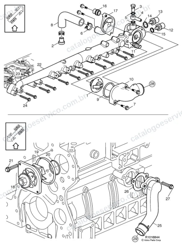 Vista explodida – motor com suporte ou coxim e equipamento – Catálogo de Peças Volvo VMD7 62R