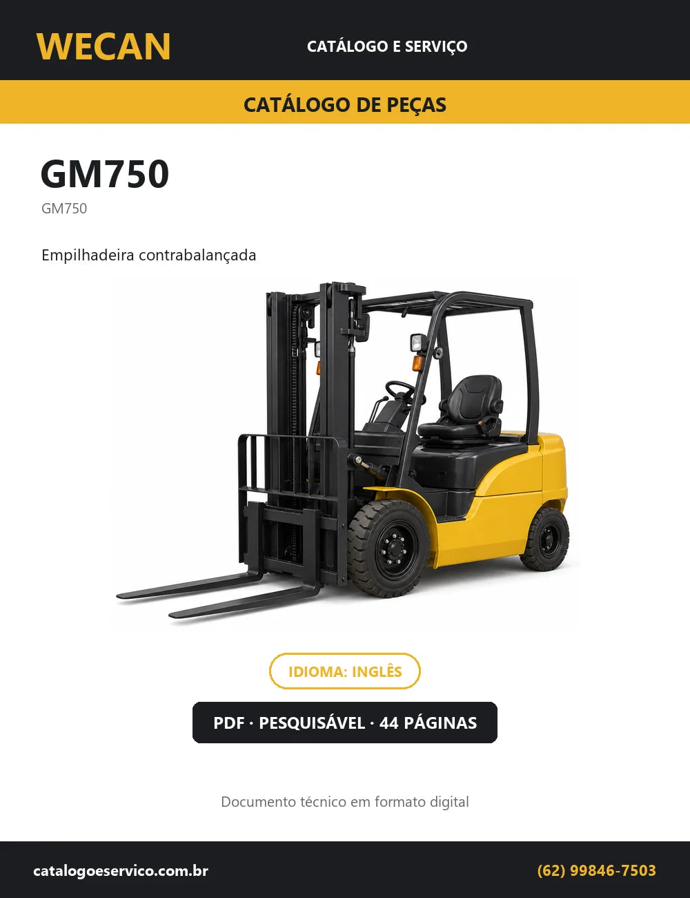 Capa do Catálogo de Peças Wecan GM750 — empilhadeira contrabalançada, 44 páginas em PDF