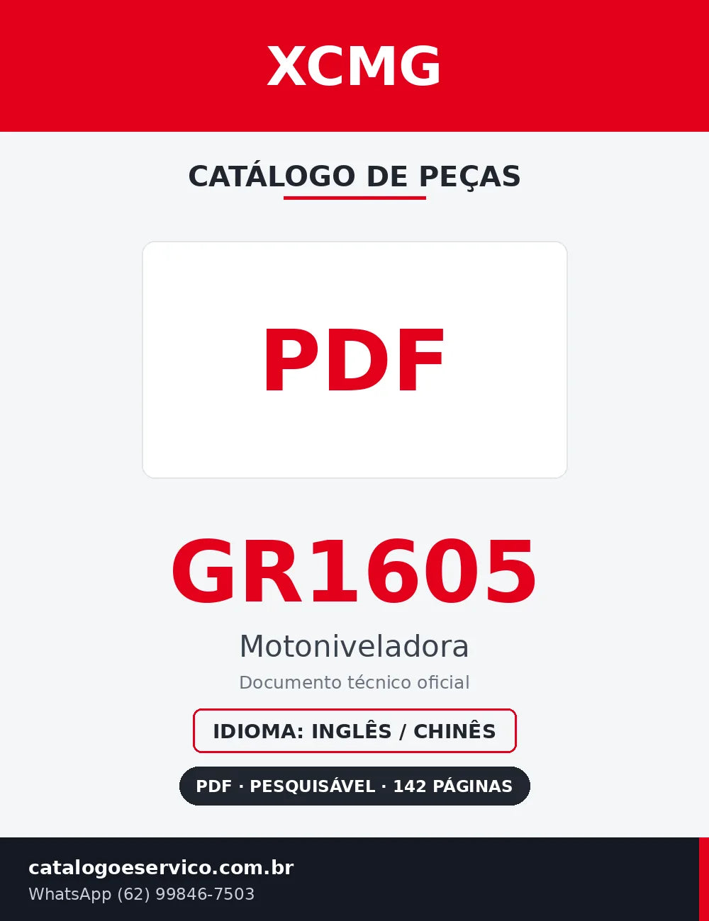 Capa Catálogo de Peças XCMG GR1605 Motoniveladora