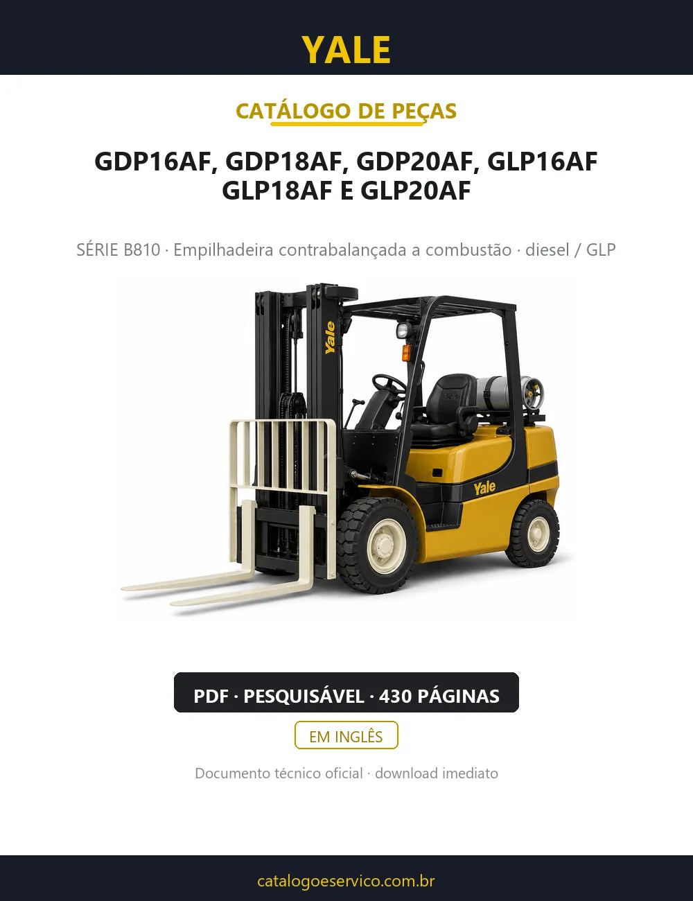 Capa do Catálogo de Peças Yale GDP/GLP16-20AF série B810 — empilhadeira contrabalançada a combustão, 430 páginas em PDF