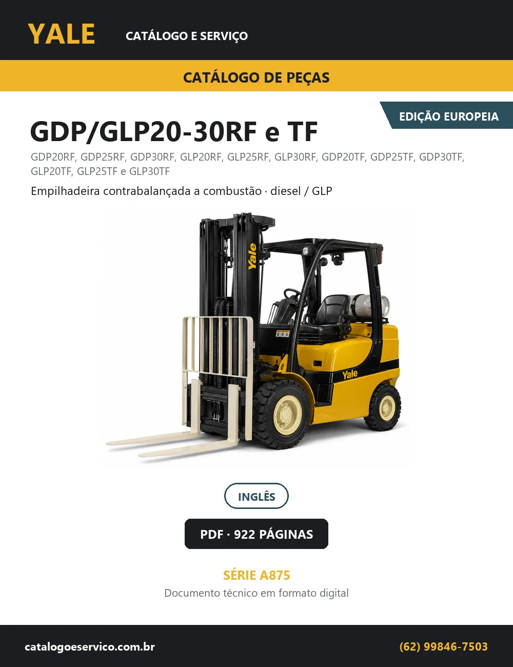 Capa do Catálogo de Peças Yale GDP/GLP20-30RF e TF série A875 — empilhadeira contrabalançada a combustão, 922 páginas em PDF