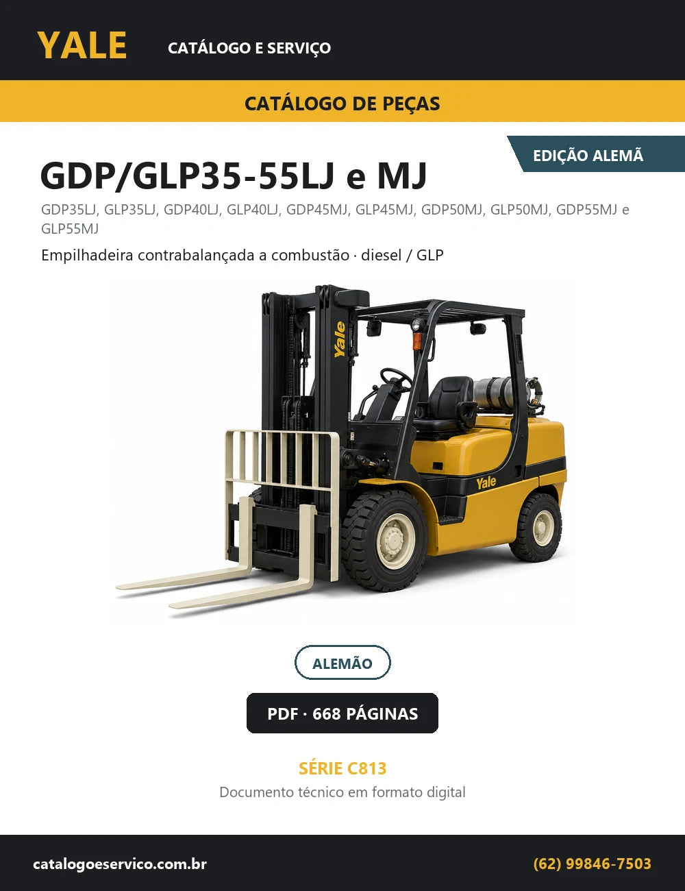 Capa do Catálogo de Peças Yale GDP/GLP35-55LJ e MJ série C813 — empilhadeira contrabalançada a combustão, 668 páginas em PDF