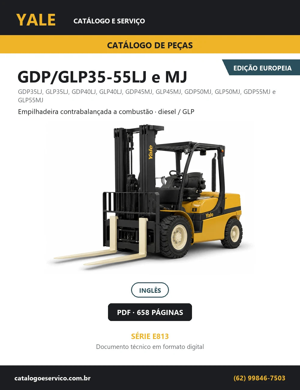 Capa do Catálogo de Peças Yale GDP/GLP35-55LJ e MJ série E813 — empilhadeira contrabalançada a combustão, 658 páginas em PDF