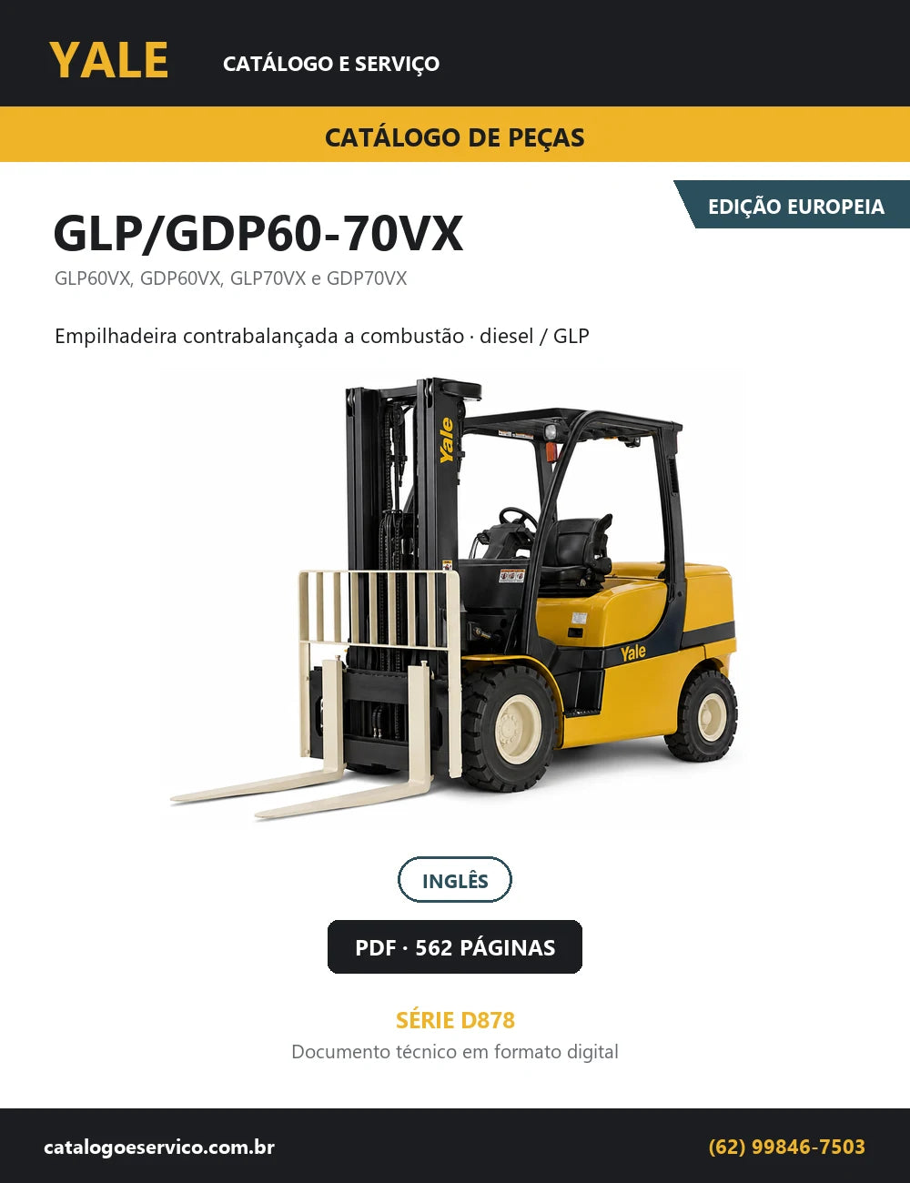 Capa do Catálogo de Peças Yale GLP/GDP60-70VX série D878 — empilhadeira contrabalançada a combustão, 562 páginas em PDF